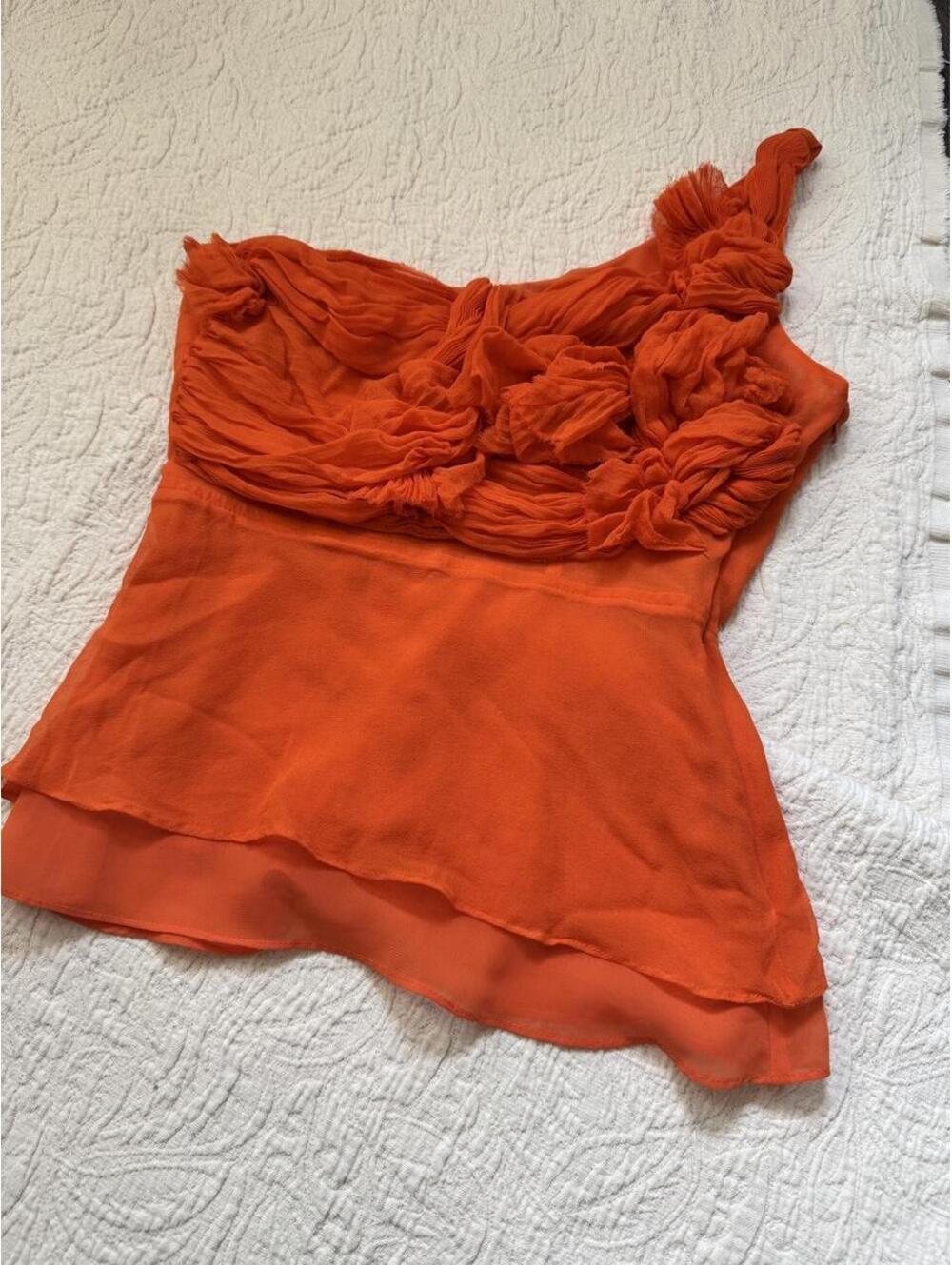 silk bebe orange one shoulder blouse with ruched detail - Picture 6 of 6